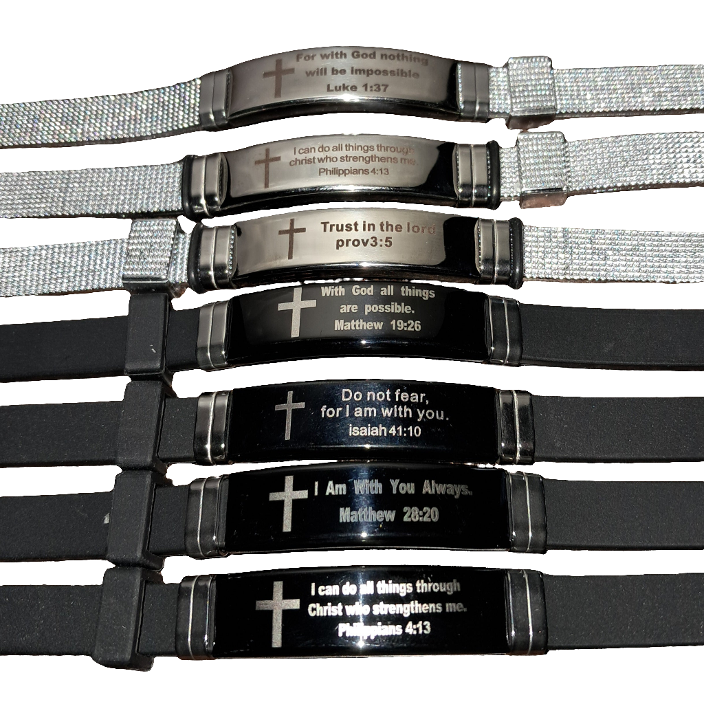 Stainless Steel Scripture Engraved Christian Bracelet with Adjustable Silicone Strap