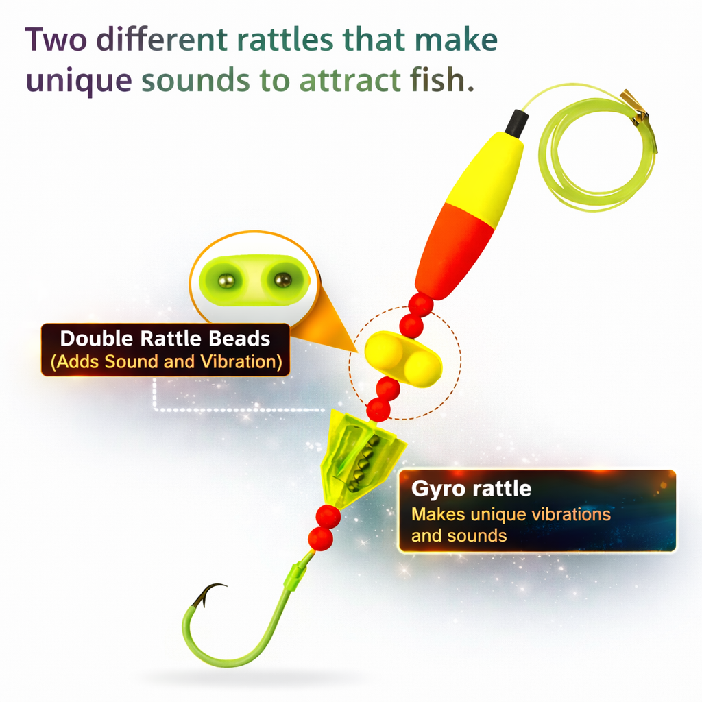 5 Pack Catfish Leaders - Hand Tied with Glow Hook, Float and Rattles - Includes Weight Slides and 360 Swivels
