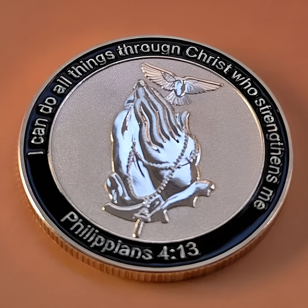 Christian Challenge Coin 1.57 inches with plastic protective case and hand tied gift box. Iron Collectors Coin Regalo with Scripture