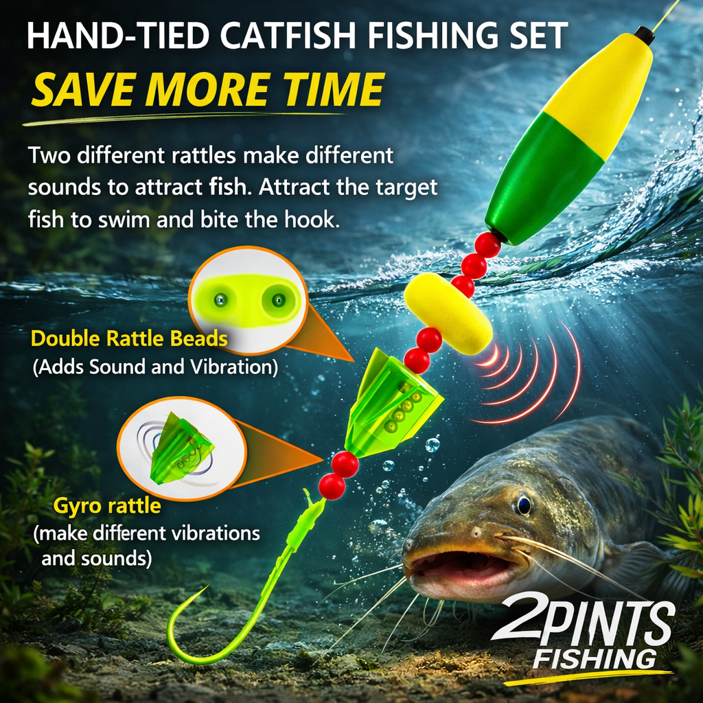5 Pack Catfish Leaders - Hand Tied with Glow Hook, Float and Rattles - Includes Weight Slides and 360 Swivels
