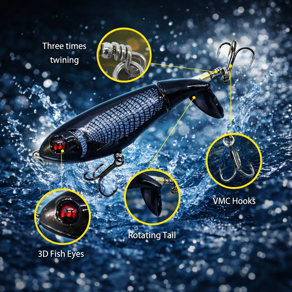 New Whopper Plopper - Enhanced 4.1 Inch 17g Tail Spinning Fishing Lure w/ Steel Bearing Rattles + Dual LAZR treble hooks