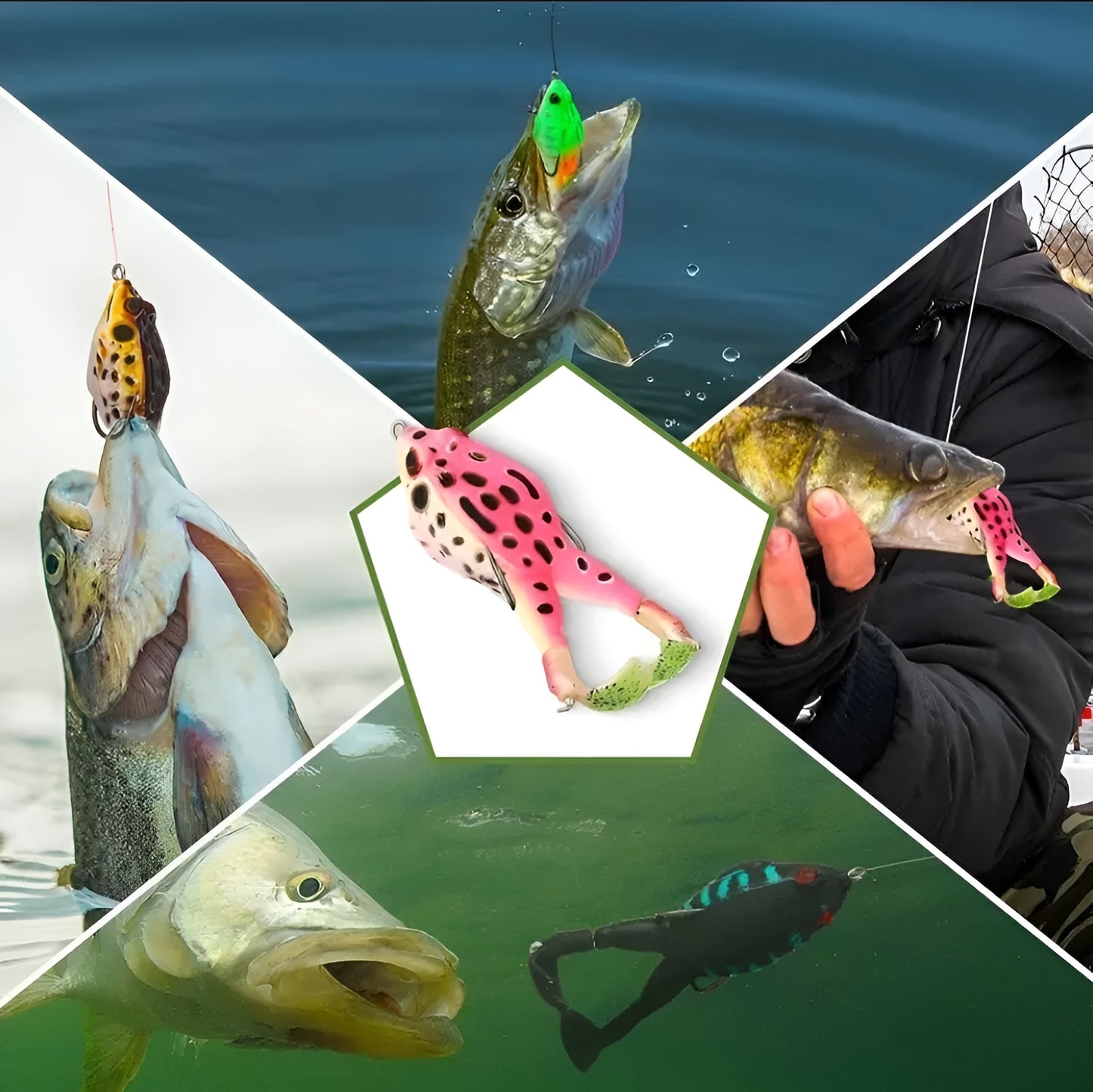 10 Piece Whopper Frog Lures - 3.5 Inch 1/2 Ounce Whopper Plopper Style Double Hook Frog Fishing Lures