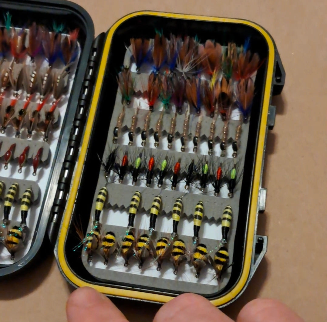 100 Piece Fly lures with Waterproof Case - Hand Tied - Various Weights and Hook Sizes
