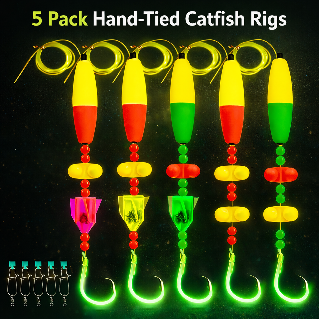 5 Pack Catfish Leaders - Hand Tied with Glow Hook, Float and Rattles - Includes Weight Slides and 360 Swivels