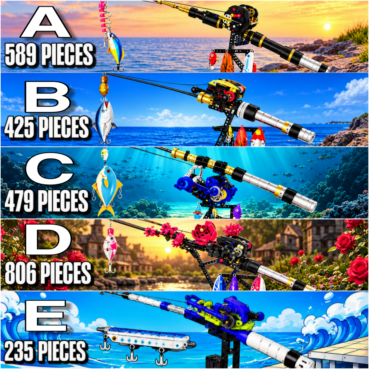 Fishing Rod & Reel Building Block Sets, 235–806 Pieces, Spinning Reel & Baitcaster Models with Fishing Lures & Display Stand, Fishing Gifts for Kids & Adults, Ages 8+