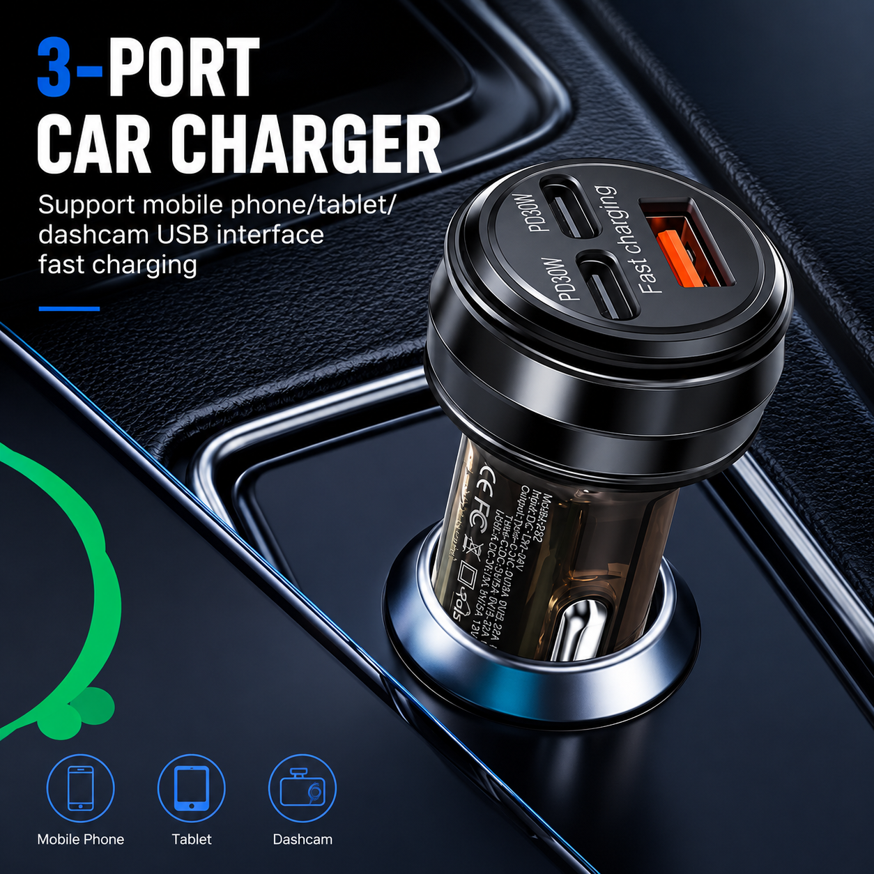 3-Port 80W Fast-Charge Car Charger