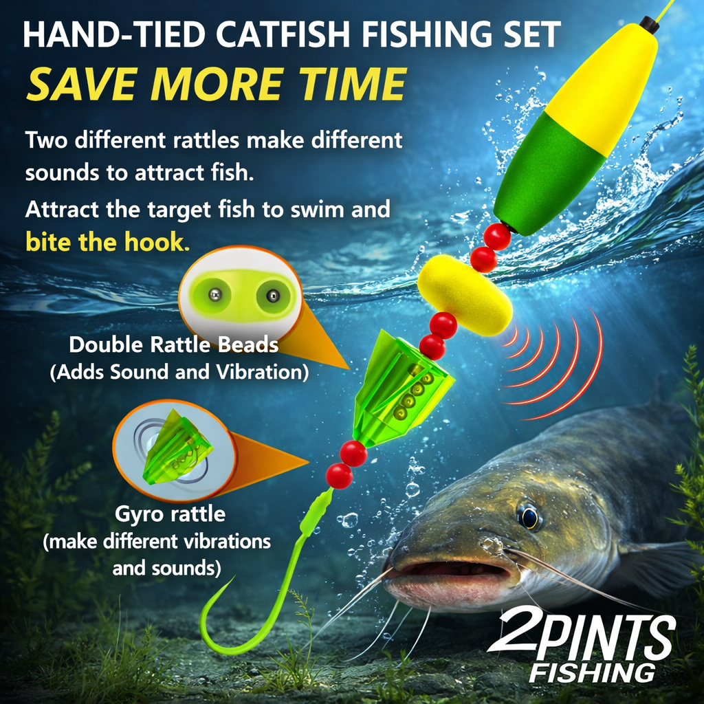 5 Pack Catfish Leaders - Hand Tied with Glow Hook, Float and Rattles - Includes Weight Slides and 360 Swivels