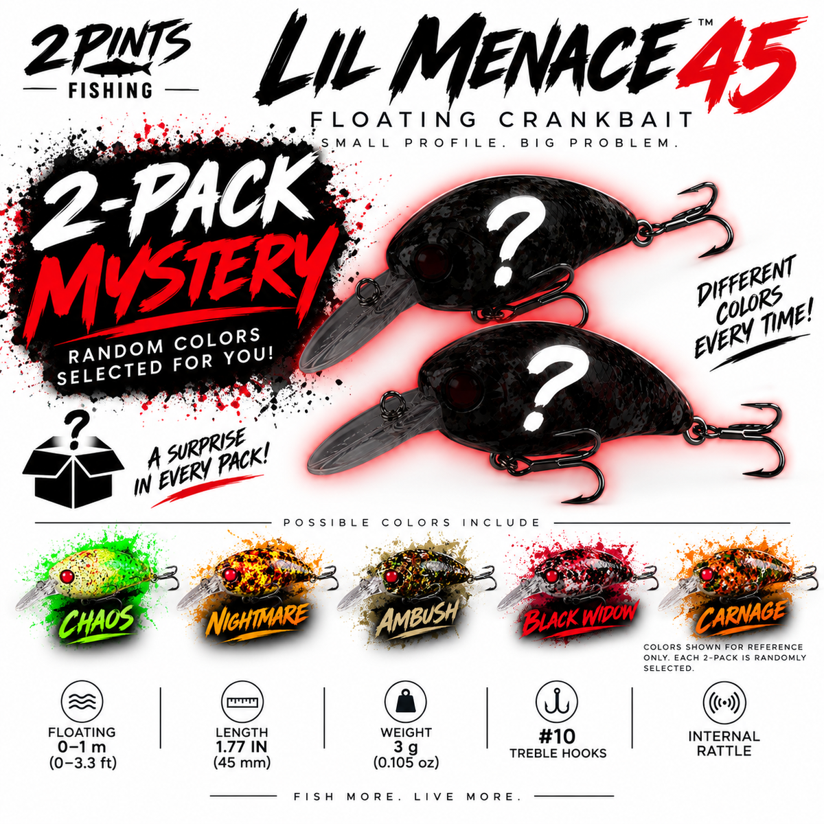 Lil MENACE 45 - 45mm 3g Floating Crankbait Twitch Fishing Lure - Hand Painted w/ Steel Balls