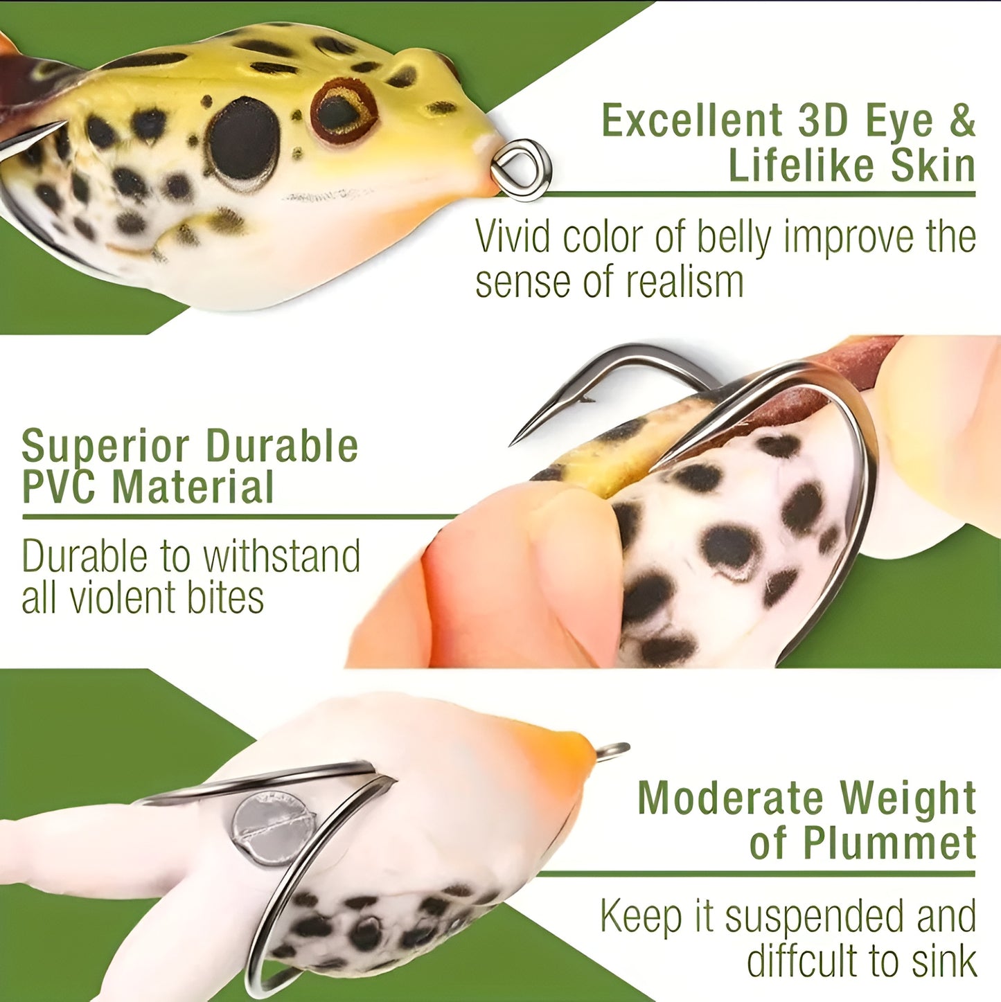 10 Piece Whopper Frog Lures - 3.5 Inch 1/2 Ounce Whopper Plopper Style Double Hook Frog Fishing Lures