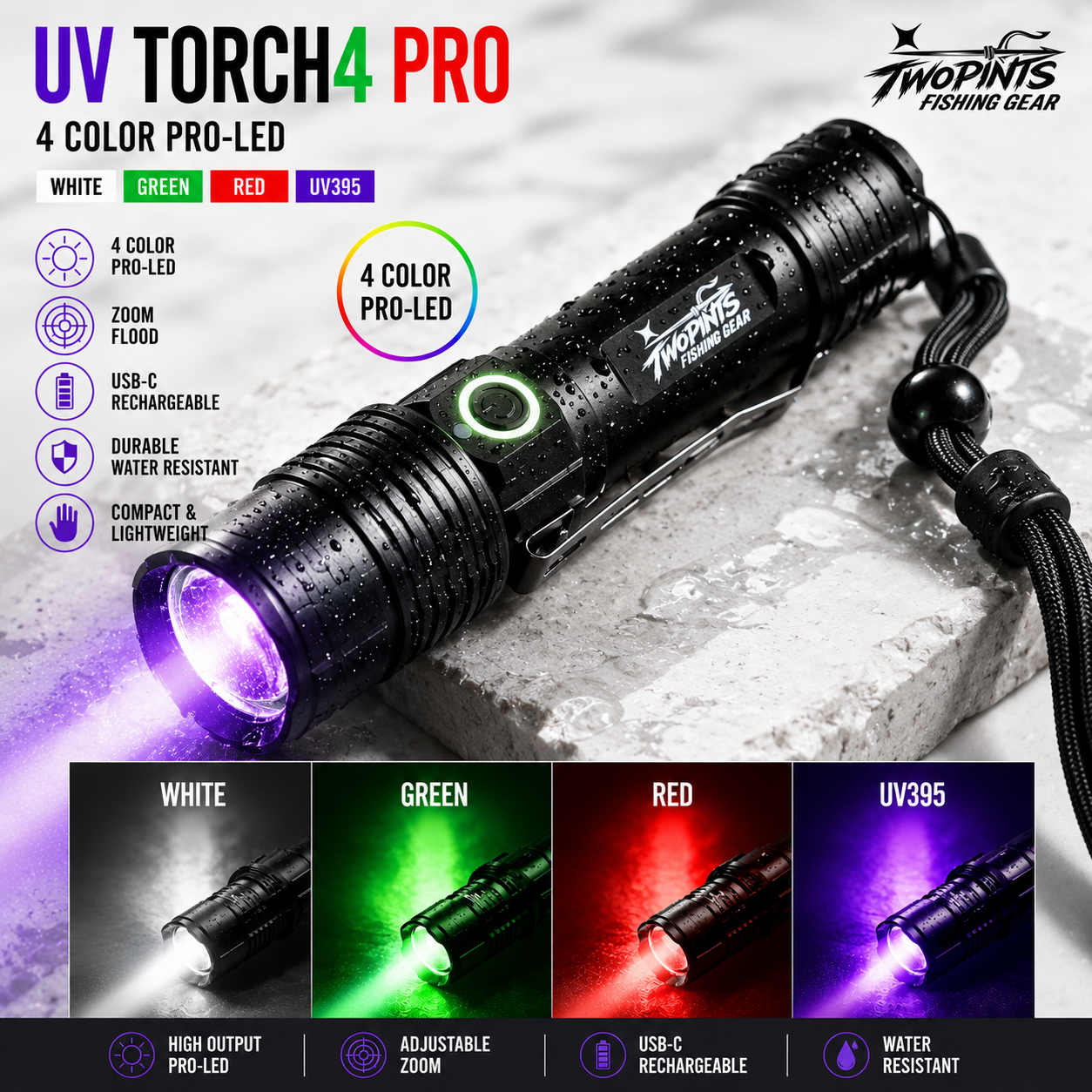 UV TORCH4 PRO - Rechargeable Tactical Fishing/Hunting 4 Color High Output Zoom+Flood UV395 Torch Flashlight