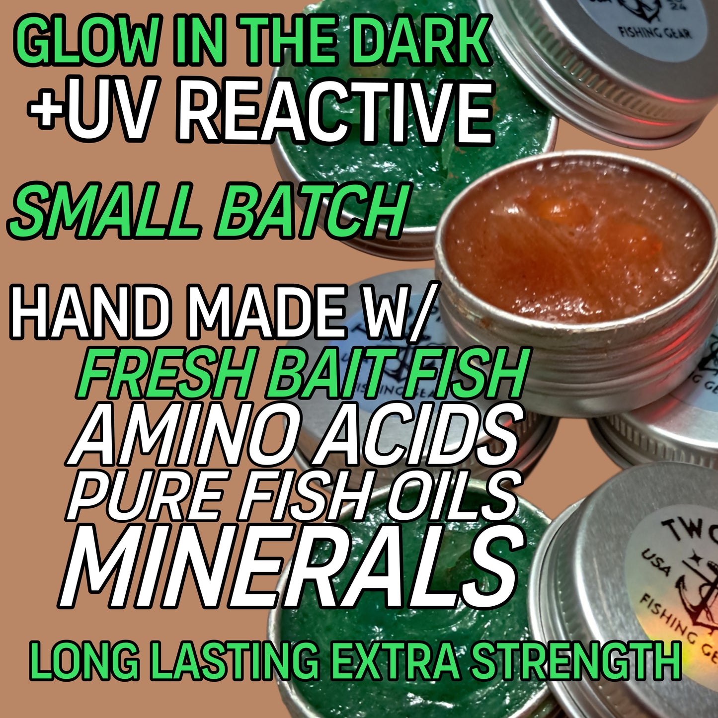Fish Attractant Gel - Glow in the Dark +UV Small Batch Handmade Extra Strength Long Lasting Fish Attractant Gel Made with real FRESH Bait and Amino Acids for Freshwater and Saltwater Fishing