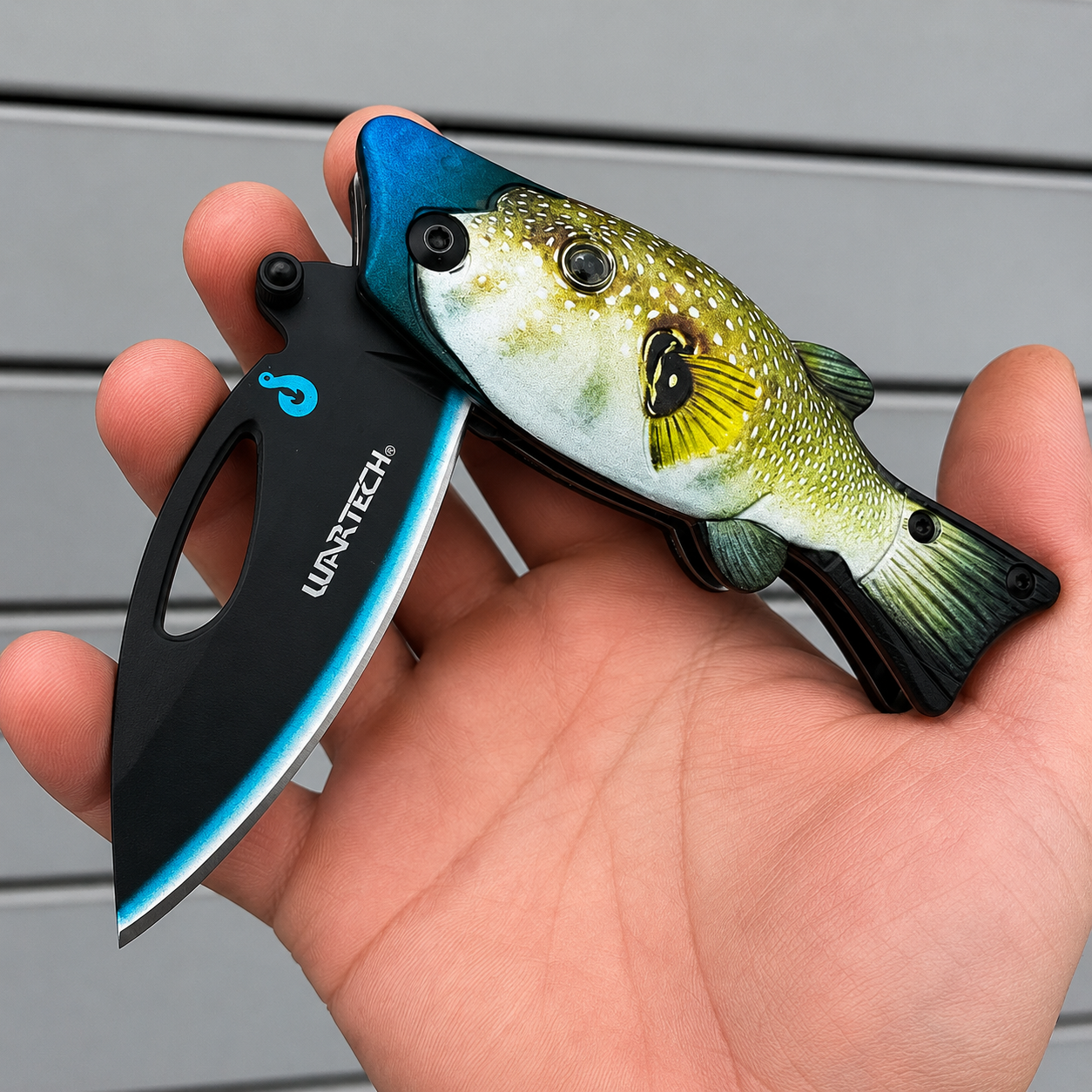 Fishing Tactical Knives - Bass Trout Pufferfish Tactical Flip Knife with Safety Lock and Belt Clip - 3CR Stainless Steel