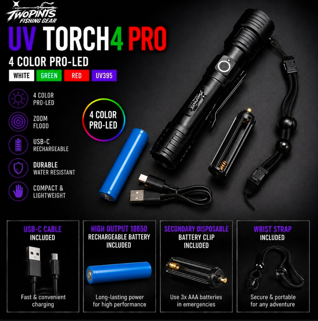 UV TORCH4 PRO - Rechargeable Tactical Fishing/Hunting 4 Color High Output Zoom+Flood UV395 Torch Flashlight
