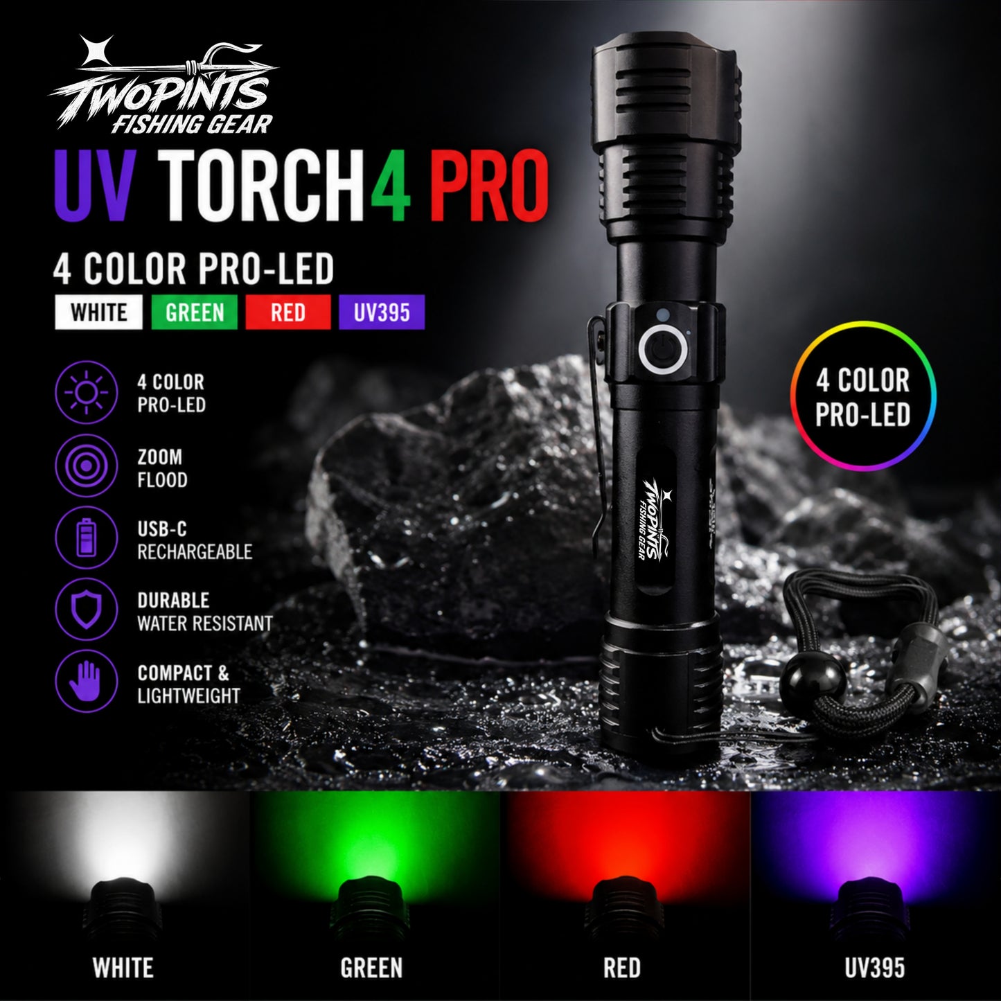 UV TORCH4 PRO - Rechargeable Tactical Fishing/Hunting 4 Color High Output Zoom+Flood UV395 Torch Flashlight