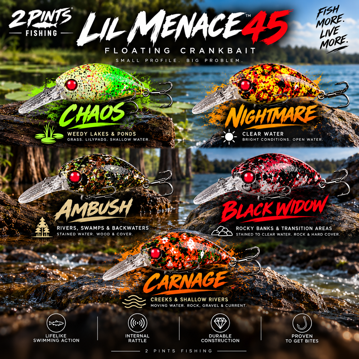 Lil MENACE 45 - 45mm 3g Floating Crankbait Twitch Fishing Lure - Hand Painted w/ Steel Balls