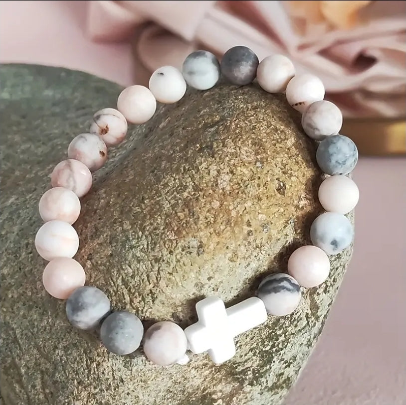 8mm Stone Cross Natural Stone Bracelet For Her