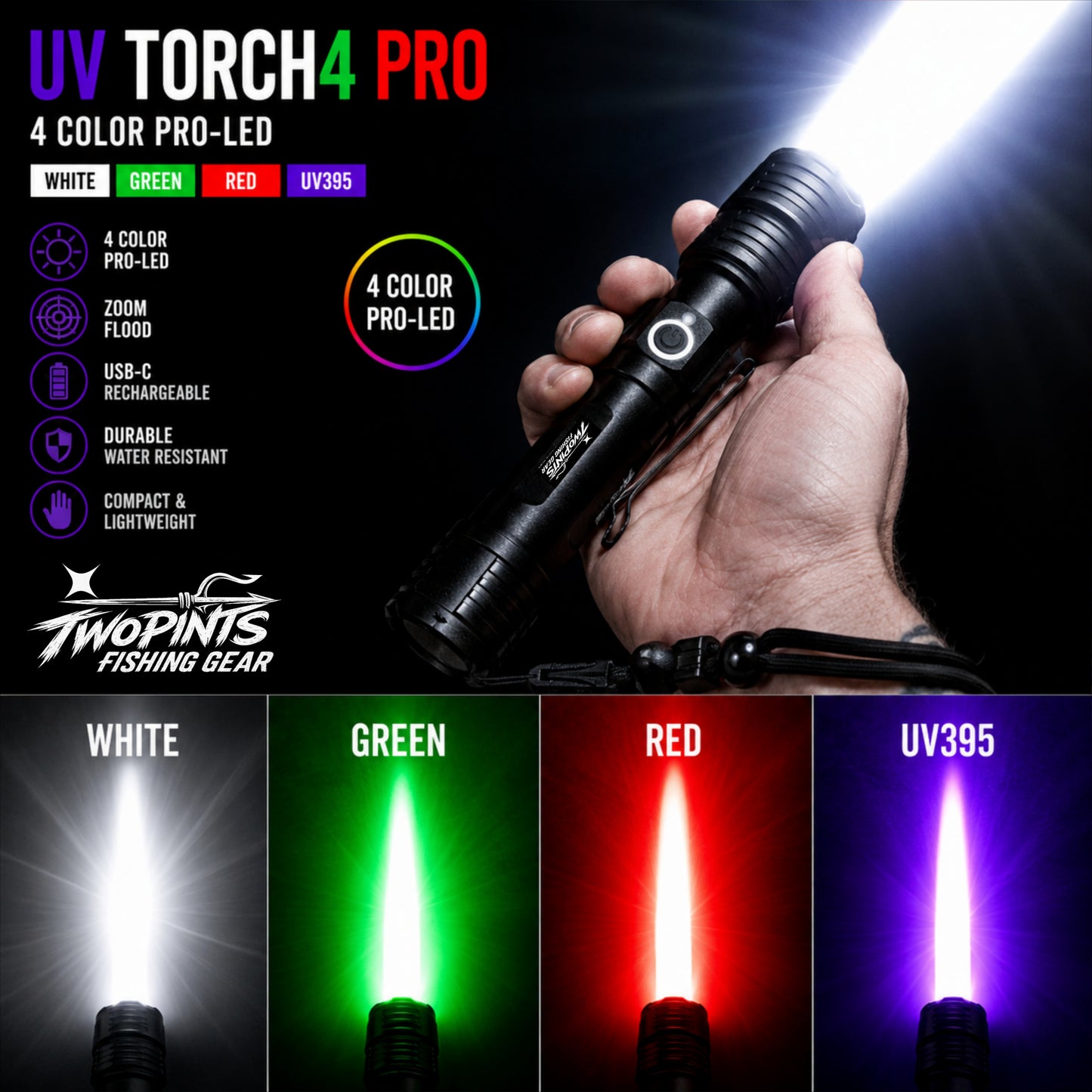 UV TORCH4 PRO - Rechargeable Tactical Fishing/Hunting 4 Color High Output Zoom+Flood UV395 Torch Flashlight