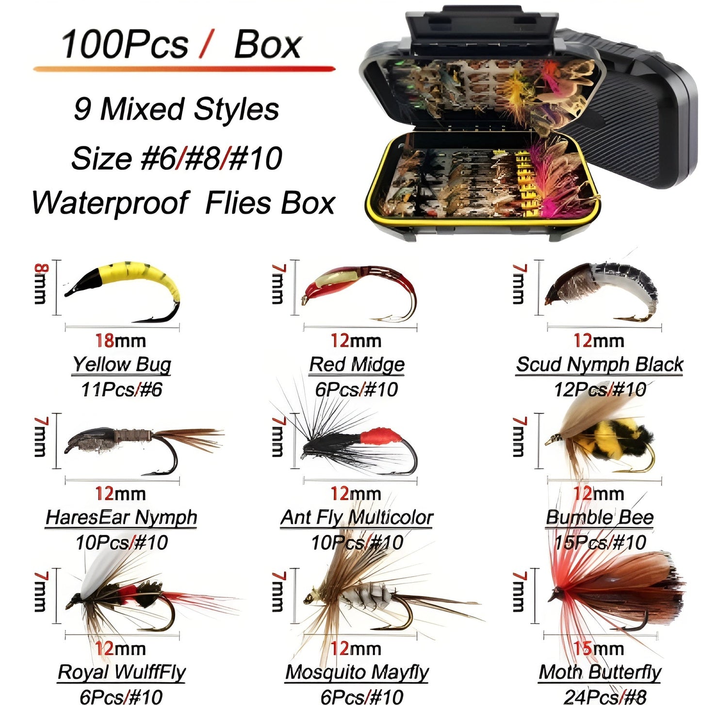100 Piece Fly lures with Waterproof Case - Hand Tied - Various Weights and Hook Sizes
