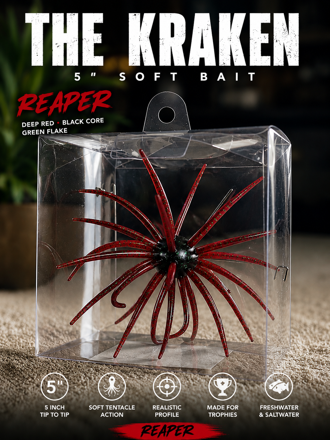 The KRAKEN - 5" Trophy fish Urchin Soft Bait - Tentacle Swim Bait Fishing Lure w/ Box for Freshwater Saltwater Bass Redfish Drumfish Trout Catfish Pike Snook