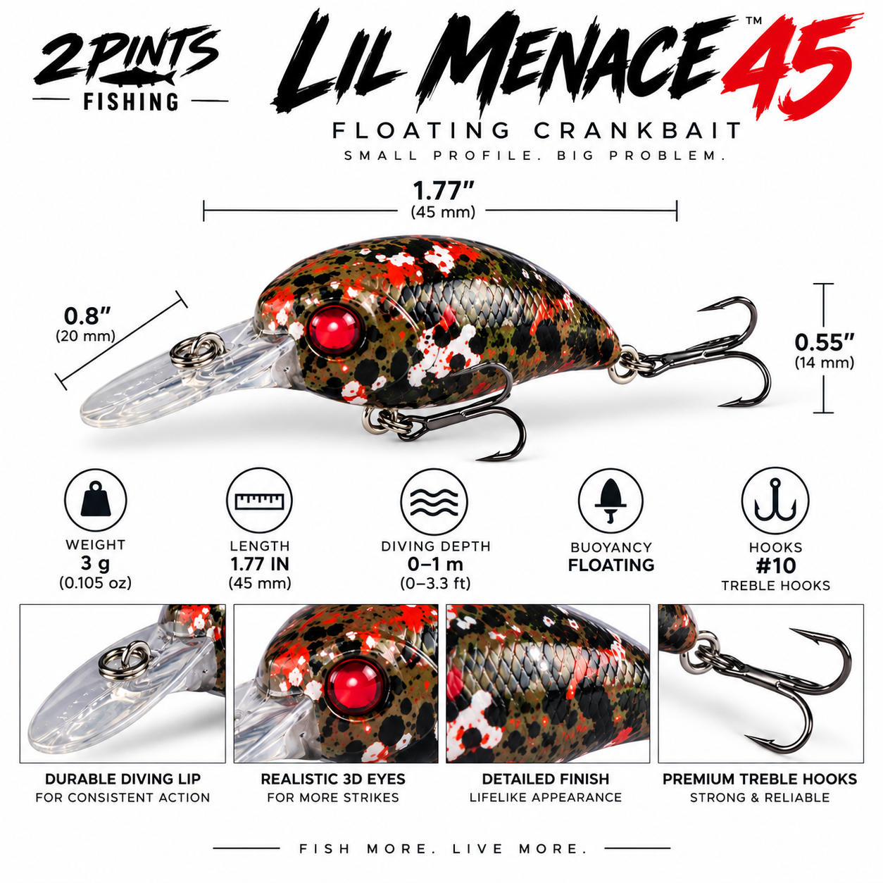 Lil MENACE 45 - 45mm 3g Floating Crankbait Twitch Fishing Lure - Hand Painted w/ Steel Balls