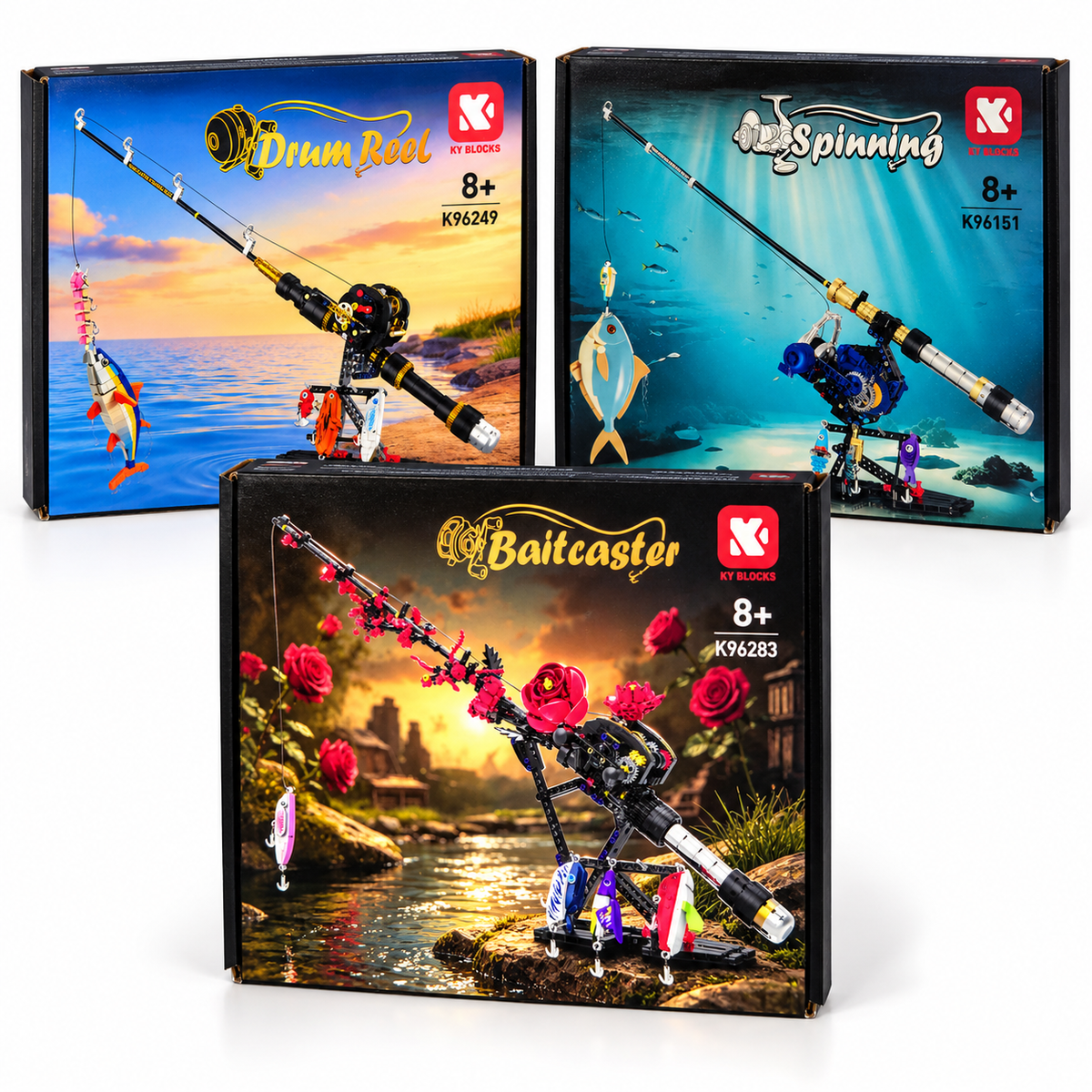 Fishing Rod & Reel Building Block Sets, 235–806 Pieces, Spinning Reel & Baitcaster Models with Fishing Lures & Display Stand, Fishing Gifts for Kids & Adults, Ages 8+