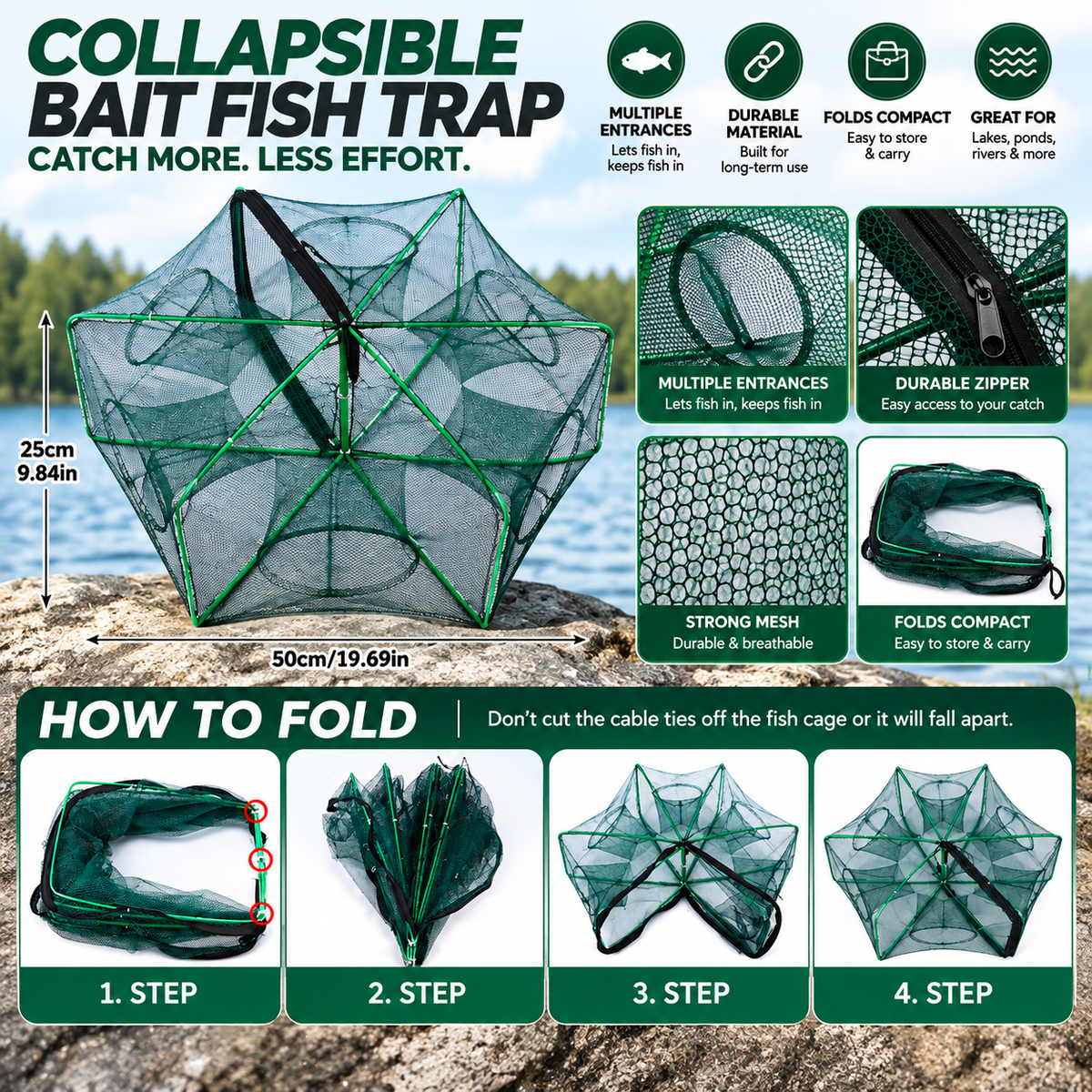 BaitFish Trap Collapsible 17.7-19.6 inches - Steel Frame