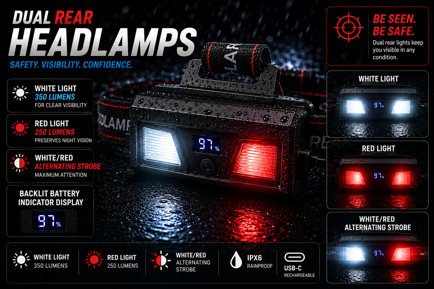 1500 Lumen UltraViolet Headlamp - 365NM Quad-Core 5x Zoomable Rainproof - High capacity Dual-18650 USB-C + with dual color rear lights + Strobe & Digital charge level indicator display + USB-A 3.0 PowerBank Output