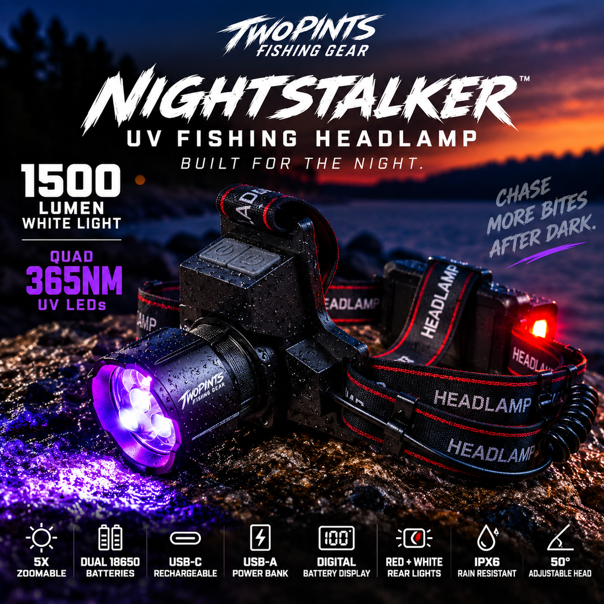 THE NIGHTSTALKER™ — 1500 Lumen UV Fishing Headlamp