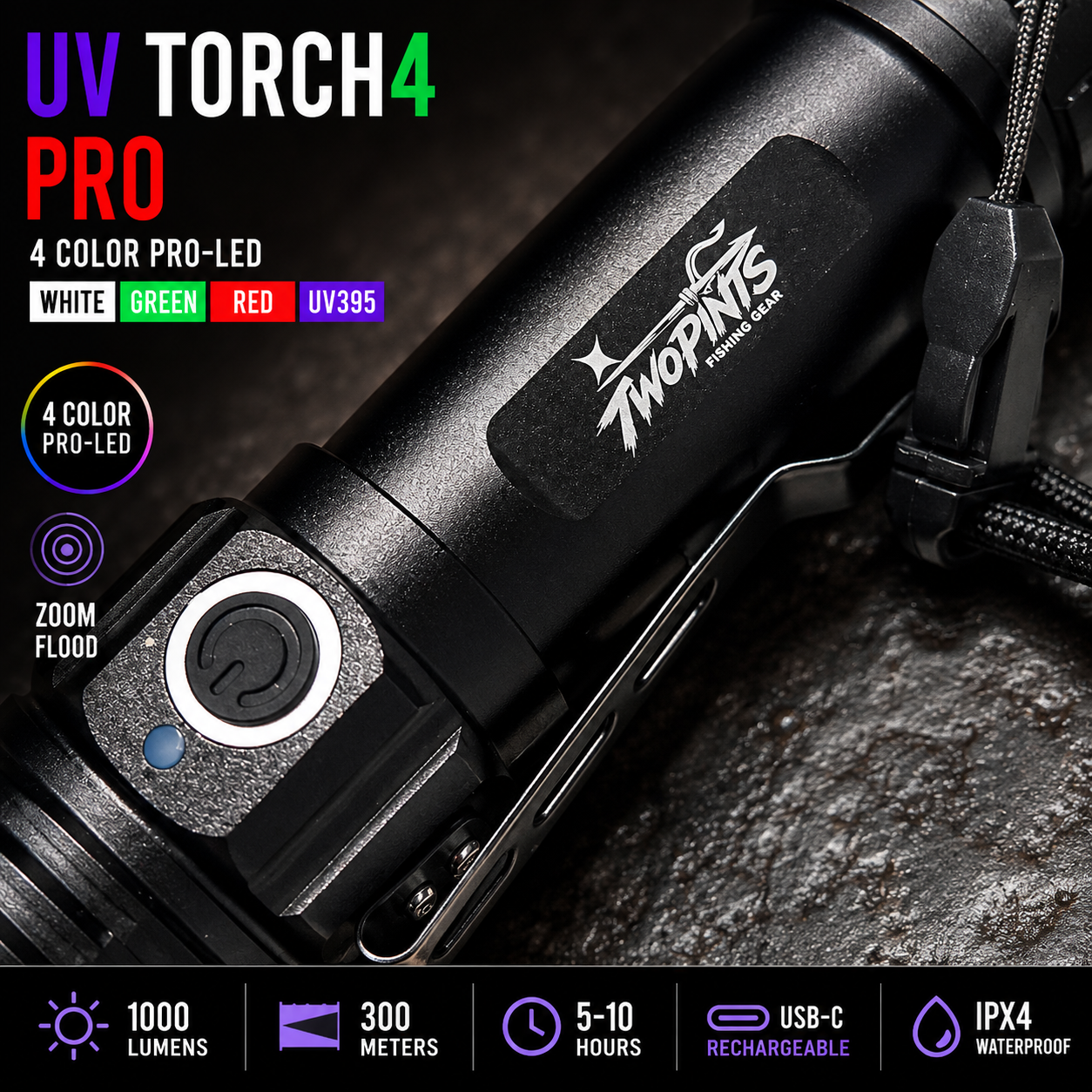 UV TORCH4 PRO - Rechargeable Tactical Fishing/Hunting 4 Color High Output Zoom+Flood UV395 Torch Flashlight