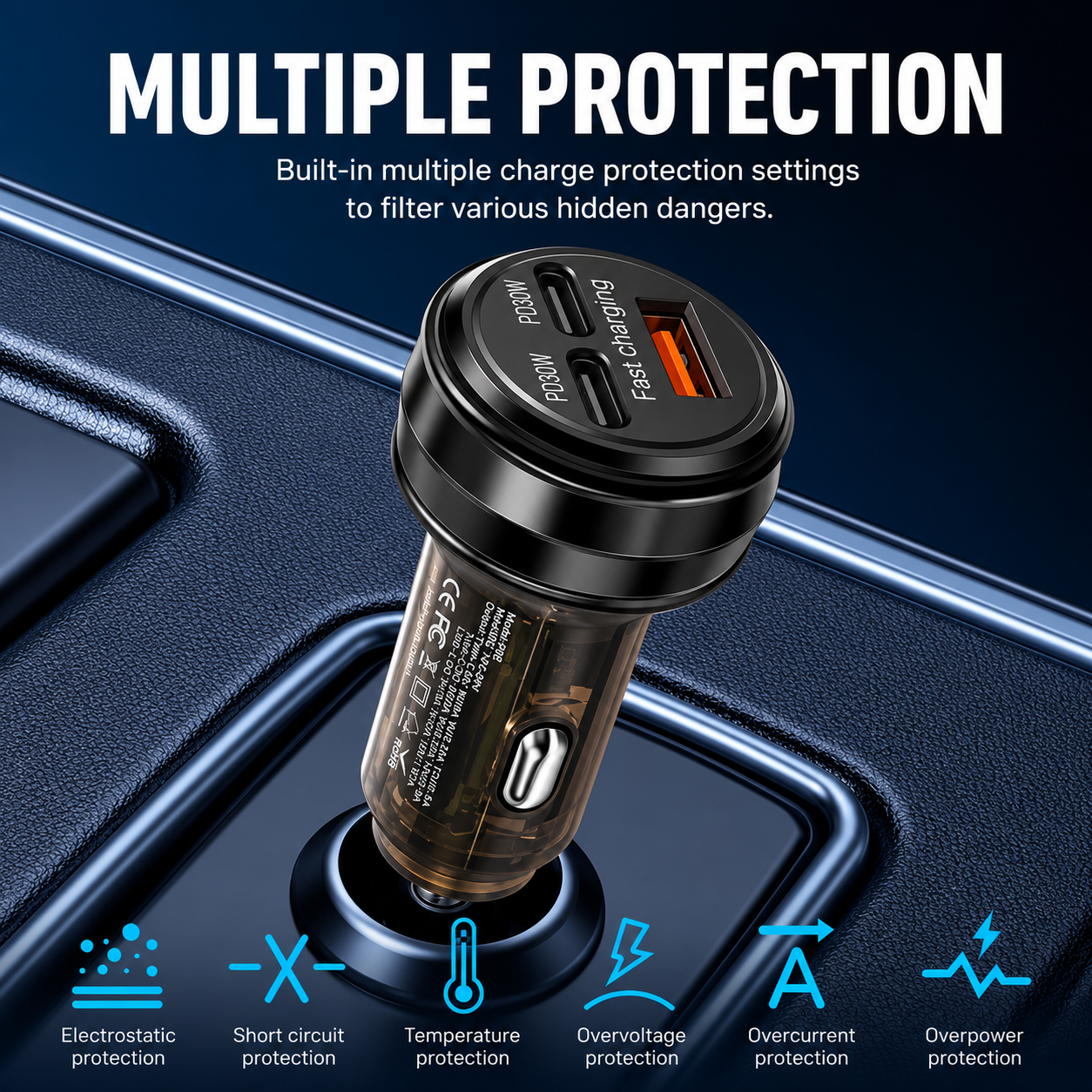 3-Port 80W Fast-Charge Car Charger