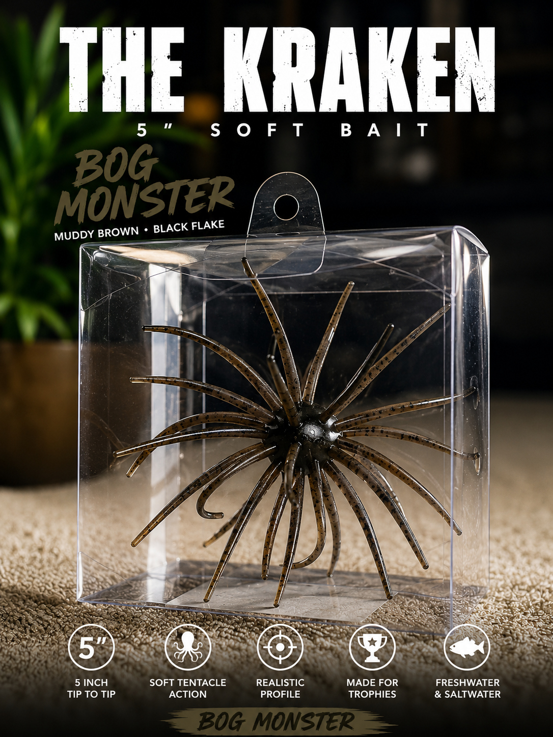 The KRAKEN - 5" Trophy fish Urchin Soft Bait - Tentacle Swim Bait Fishing Lure w/ Box for Freshwater Saltwater Bass Redfish Drumfish Trout Catfish Pike Snook