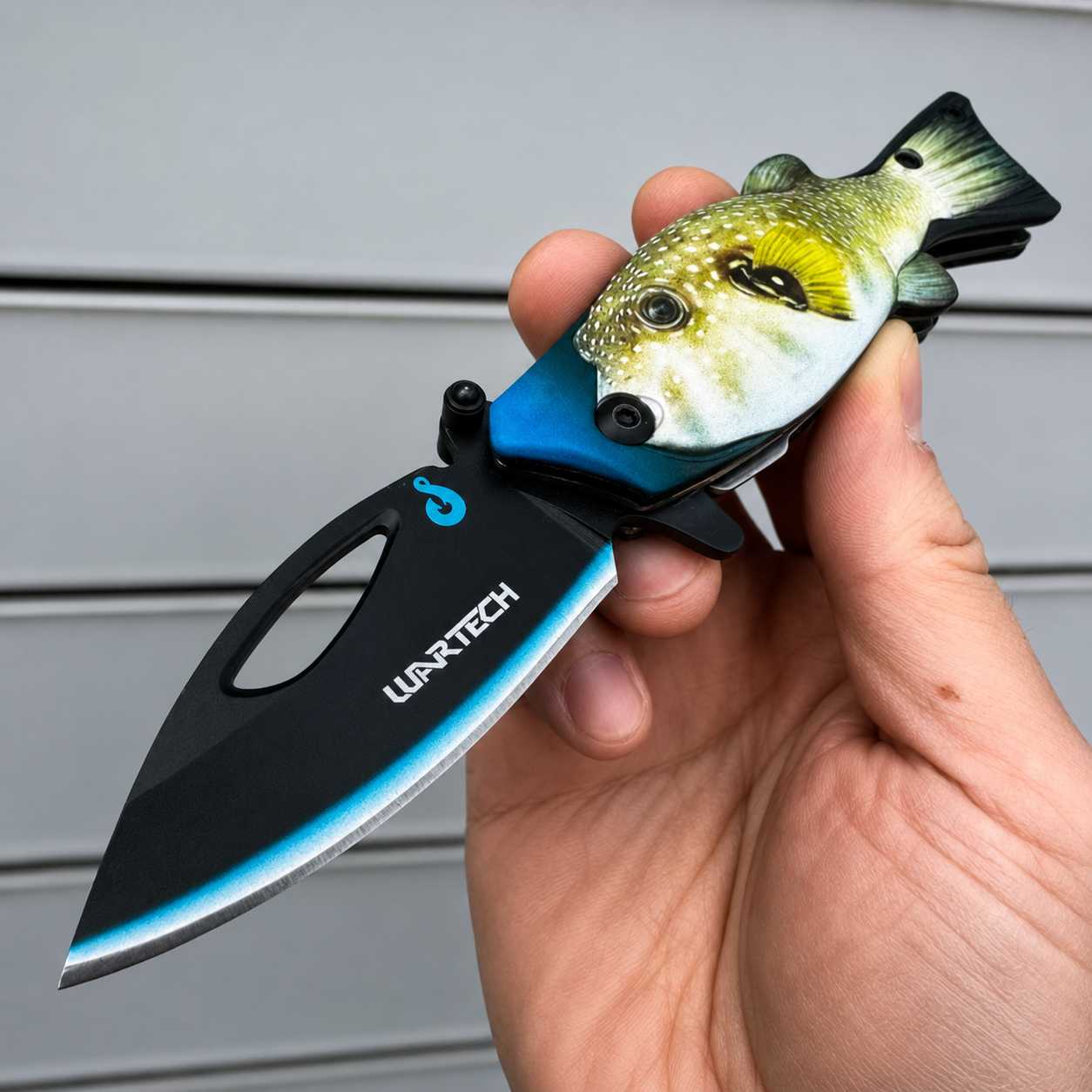 Fishing Tactical Knives - Bass Trout Pufferfish Tactical Flip Knife with Safety Lock and Belt Clip - 3CR Stainless Steel