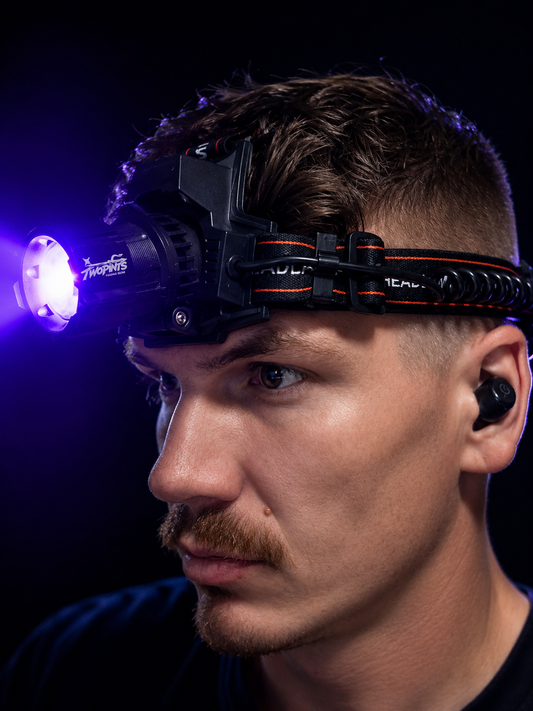 1500 Lumen UltraViolet Headlamp - 365NM Quad-Core 5x Zoomable Rainproof - High capacity Dual-18650 USB-C + with dual color rear lights + Strobe & Digital charge level indicator display + USB-A 3.0 PowerBank Output
