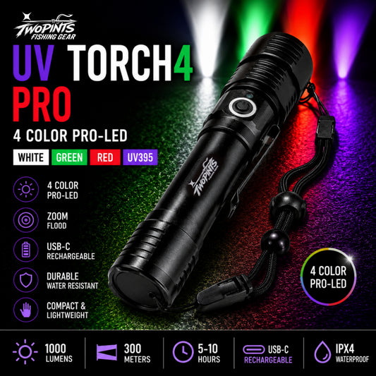 UV TORCH4 PRO - Rechargeable Tactical Fishing/Hunting 4 Color High Output Zoom+Flood UV395 Torch Flashlight