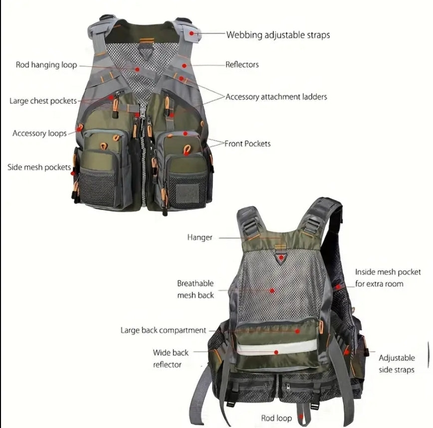 Fishing Vest - 11 Zipper Pockets - Optional Foam Inserts - Bass Fly Fishing Catfishing Saltwater Freshwater