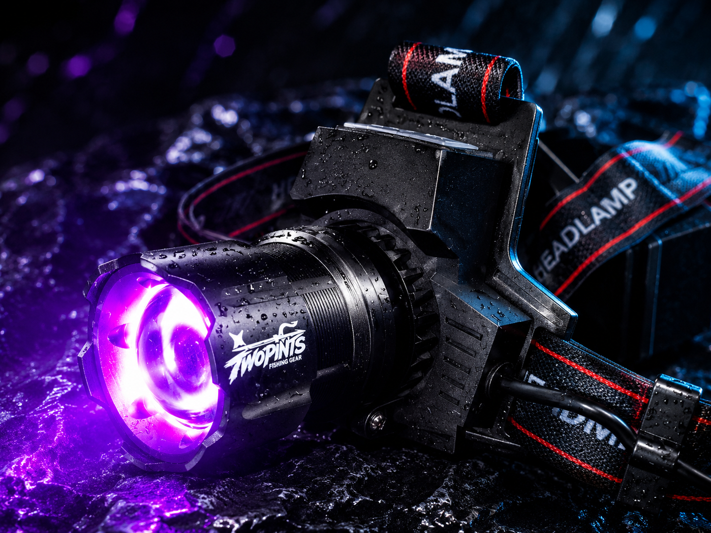 1500 Lumen UltraViolet Headlamp - 365NM Quad-Core 5x Zoomable Rainproof - High capacity Dual-18650 USB-C + with dual color rear lights + Strobe & Digital charge level indicator display + USB-A 3.0 PowerBank Output