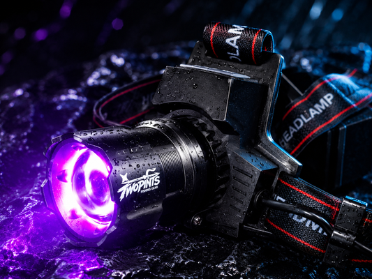 365nm UV quad-core 5x zoomable rainproof Headlamp- High capacity Dual-18650 USB-C Rechargeable with rear lights and charge indicator display