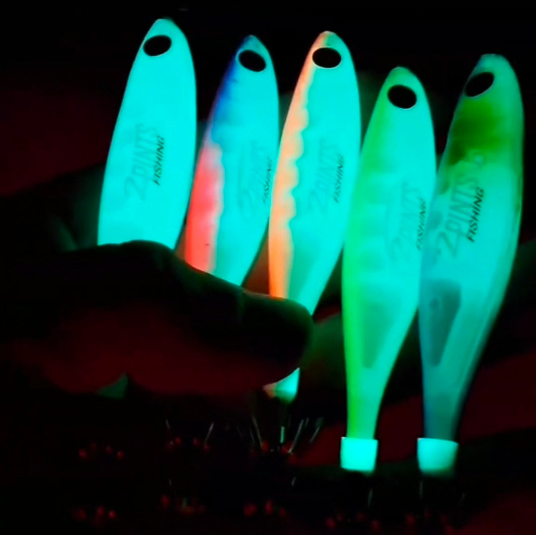 GlowTech Squid Jig - Luminescent Glow in the Dark Weighted Squid Jig for all depths 4.3 inch 1/3 Oz Fishing Lure