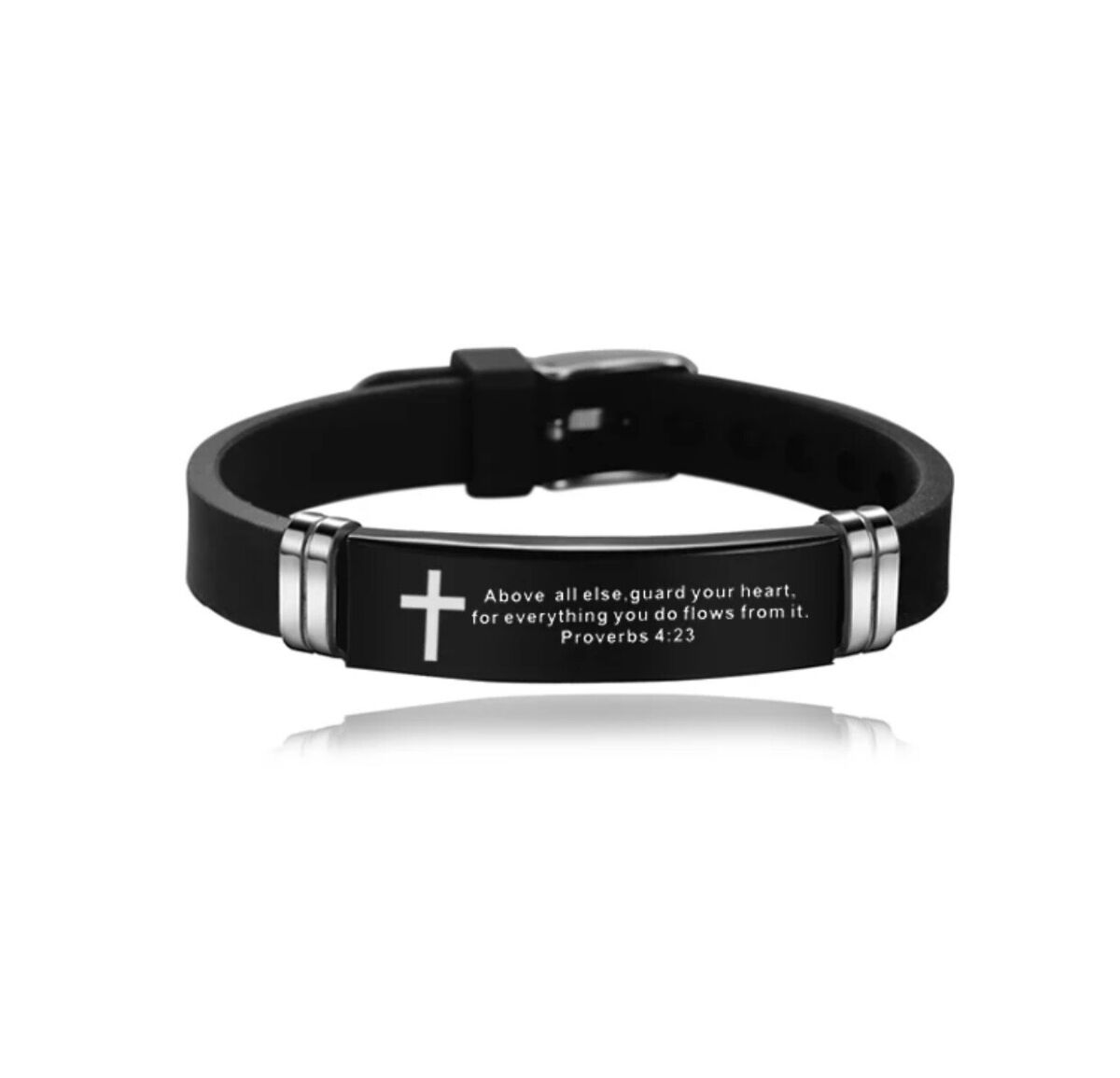 Stainless Steel Scripture Engraved Christian Bracelet with Adjustable Silicone Strap